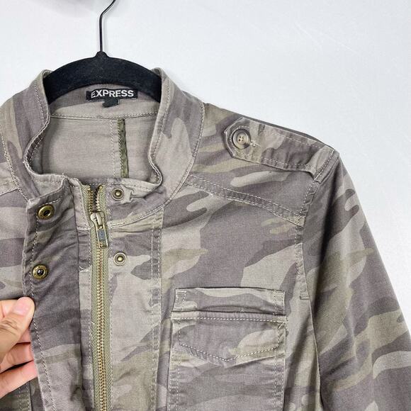 Express Womens Small S Camo Zip Front Jacket Green Cotton Cinch Waist Zip Cuff - Picture 5 of 13
